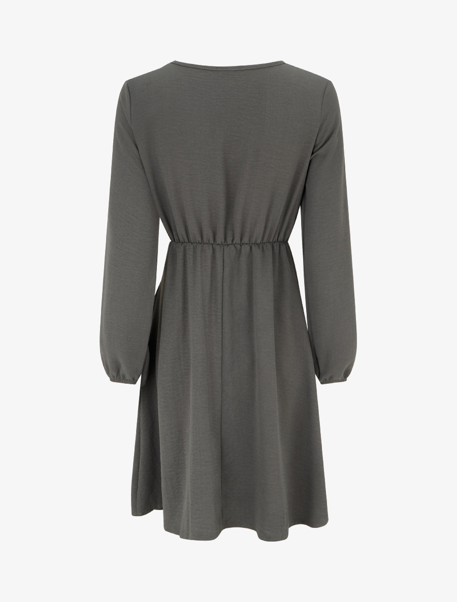 Robe évasée manches longues à pan drapé et bijou - Kaki - 2