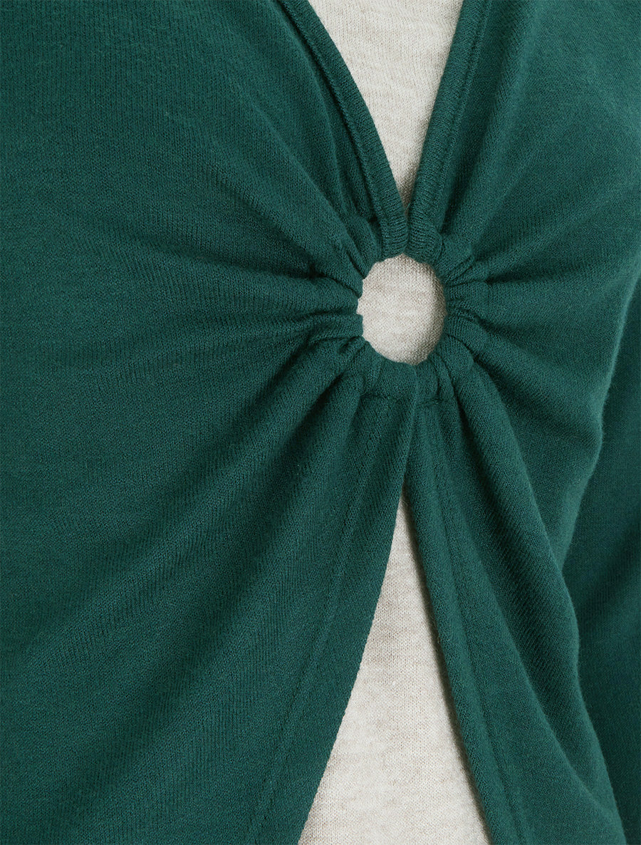 Pull fin style gilet à manches longues et anneau - Vert foncé/beige - 3