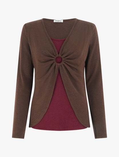 Pull fin style gilet à manches longues et anneau - Marron/bordeaux - 1