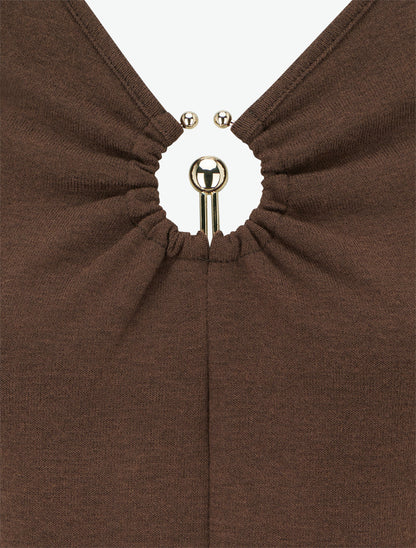 Pull fin à col V à bijou métal - Marron - 3