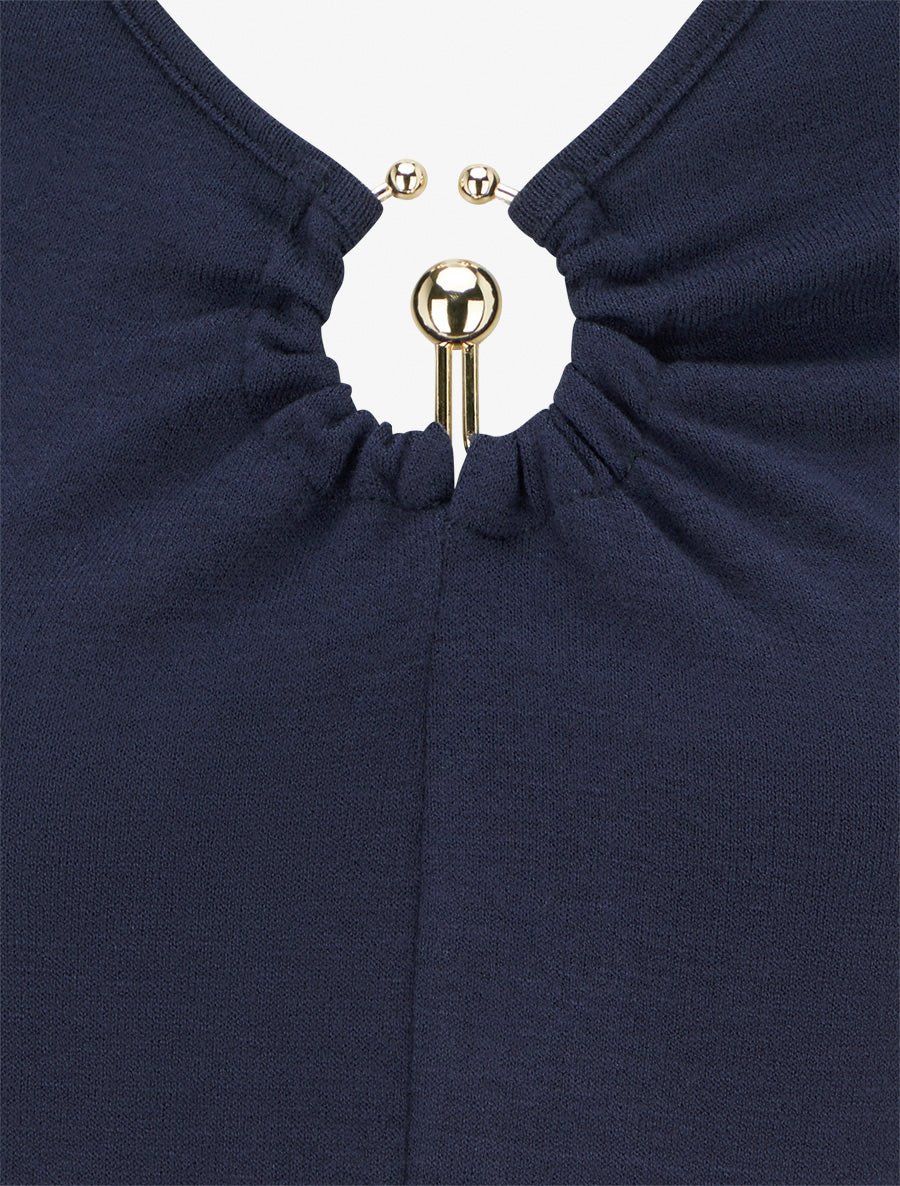Pull fin à col V à bijou métal - Marine - 3
