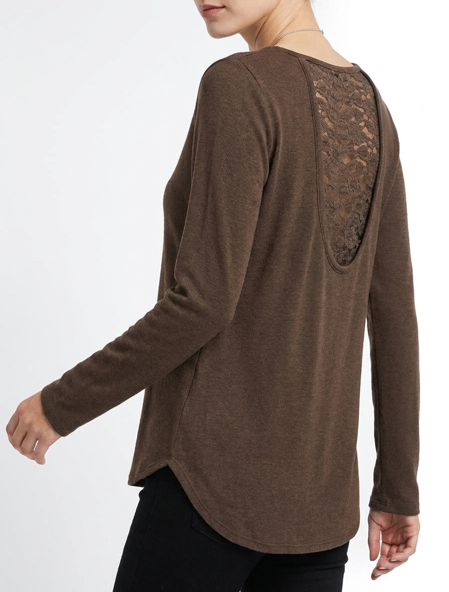 Pull coupe droite à dos en dentelle - Marron
