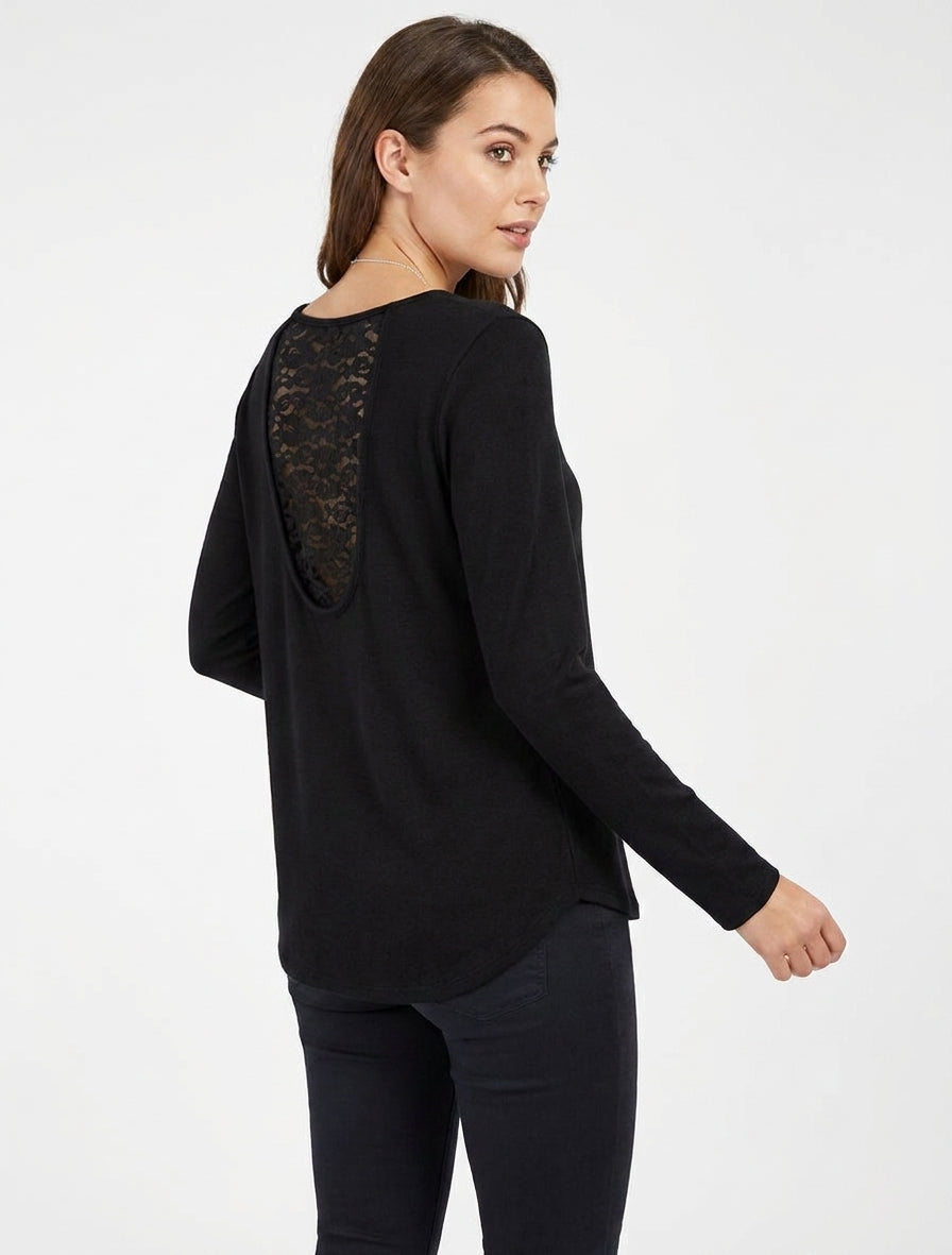 Pull coupe droite à dos en dentelle - Noir