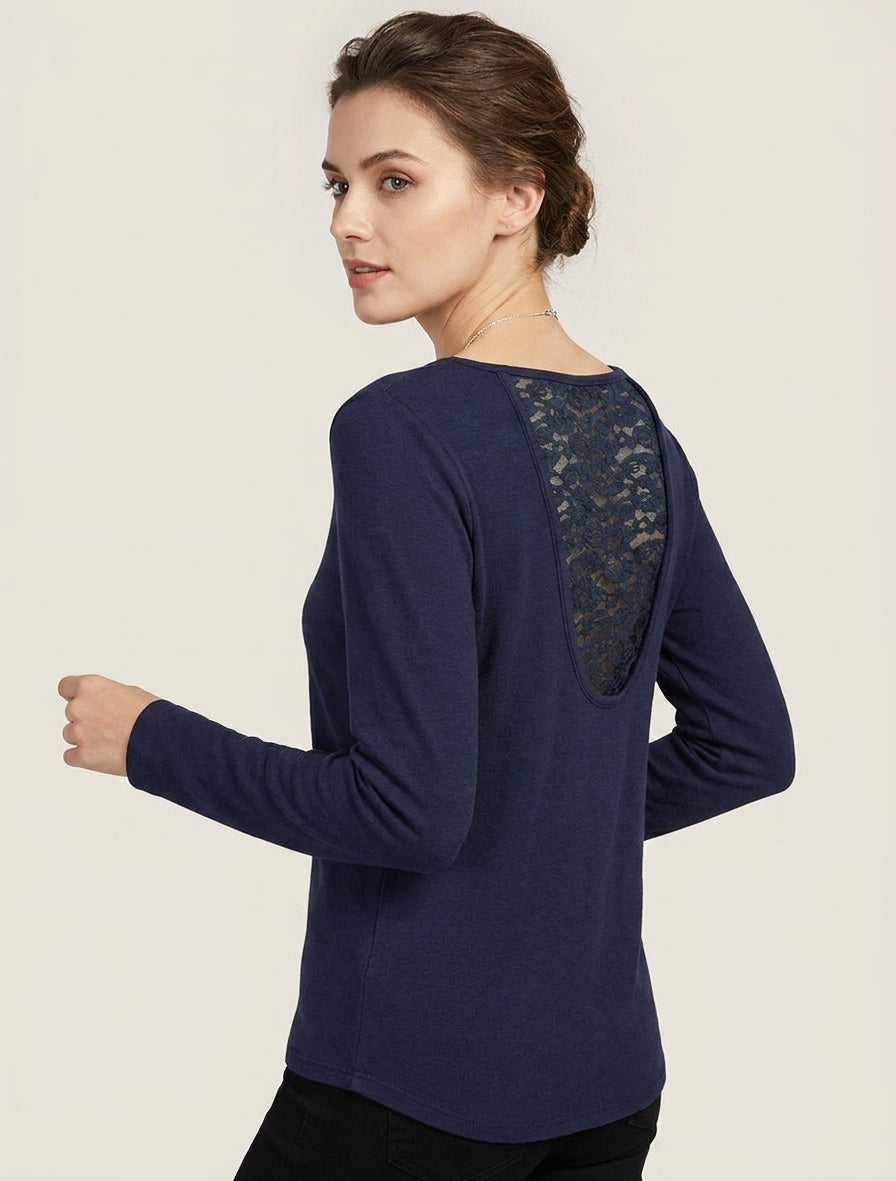 Pull coupe droite à dos en dentelle - Marine