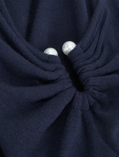 Pull fin droit à col carré à bijou perles - Marine - 3