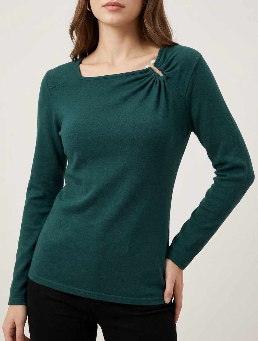 Pull fin droit à col carré à bijou perles - Vert foncé