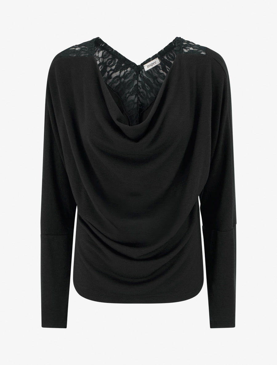 Pull à col bénitier et dos en V à dentelle - Noir - 1