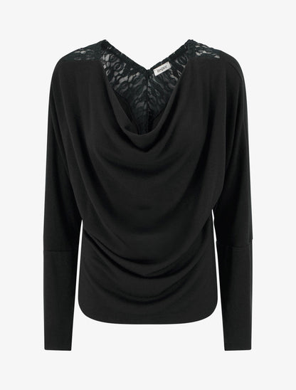 Pull à col bénitier et dos en V à dentelle - Noir - 1