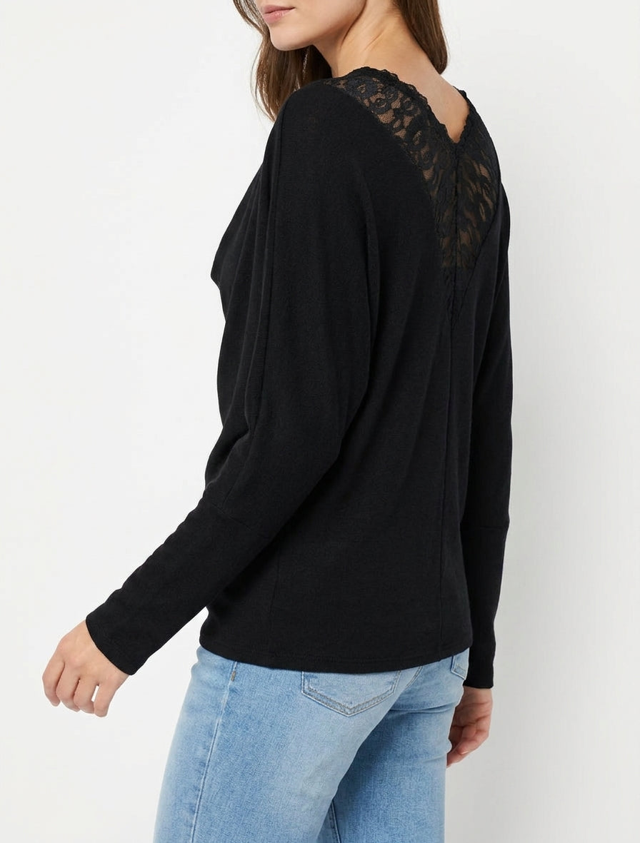 Pull à col bénitier et dos en V à dentelle - Noir