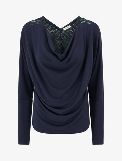Pull à col bénitier et dos en V à dentelle - Marine - 1