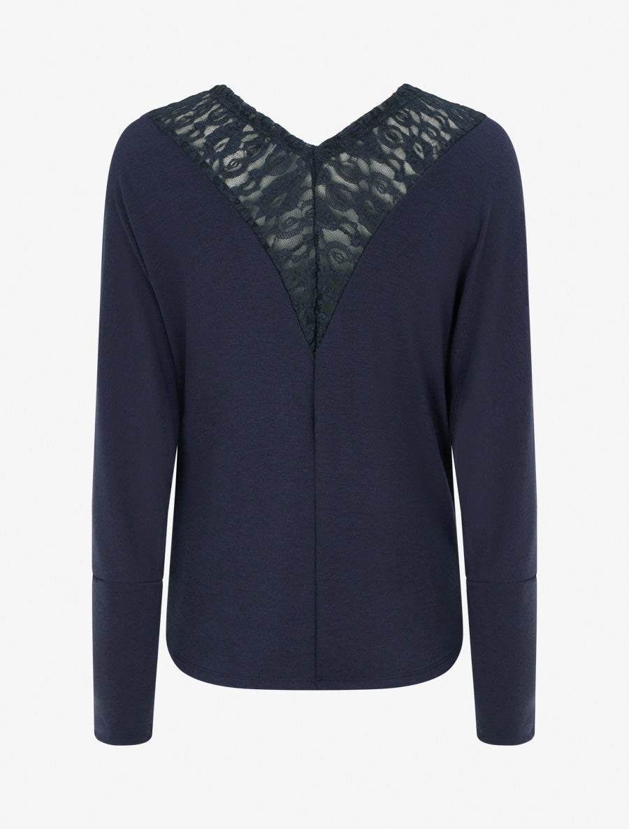Pull à col bénitier et dos en V à dentelle - Marine - 2