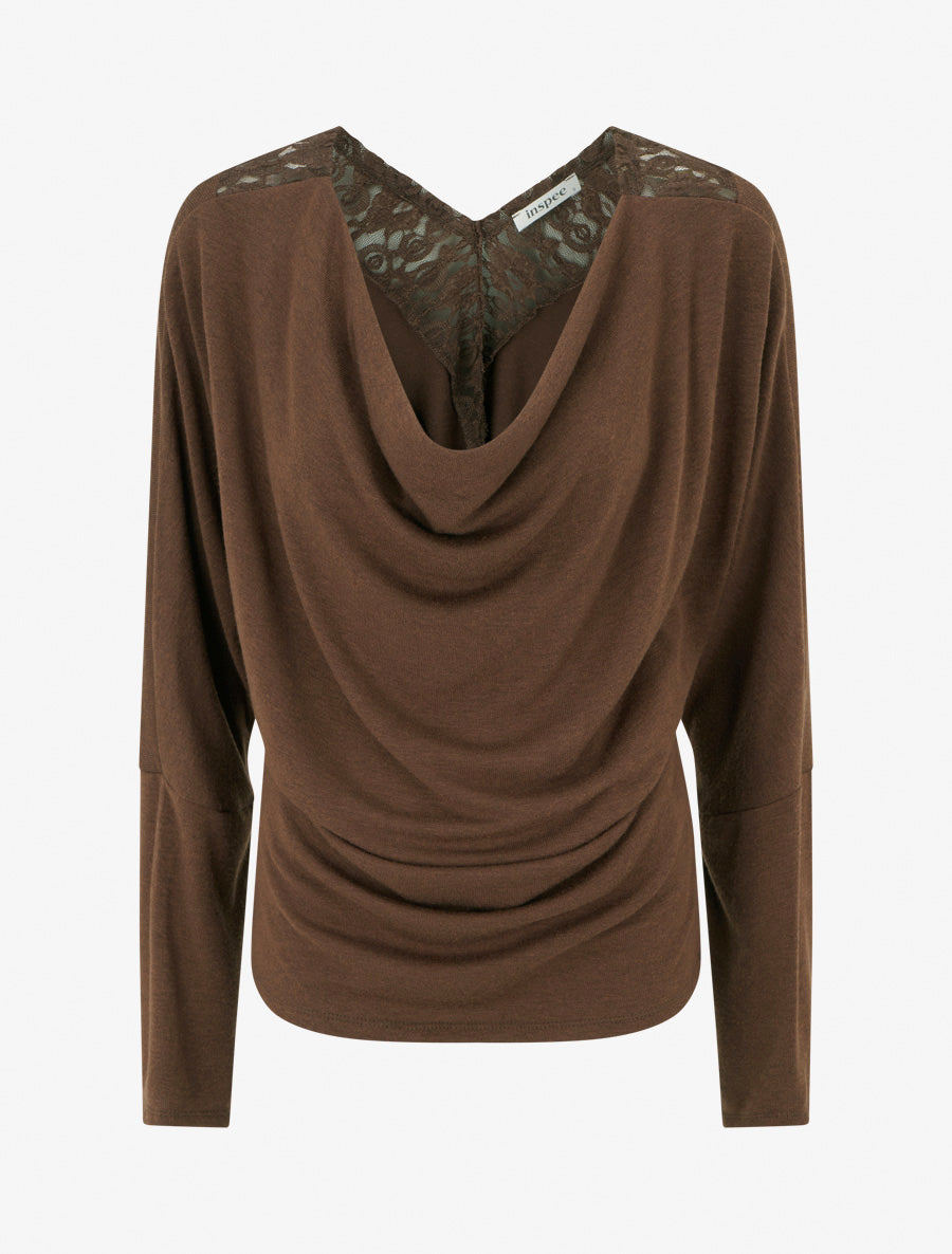 Pull à col bénitier et dos en V à dentelle - Marron - 1