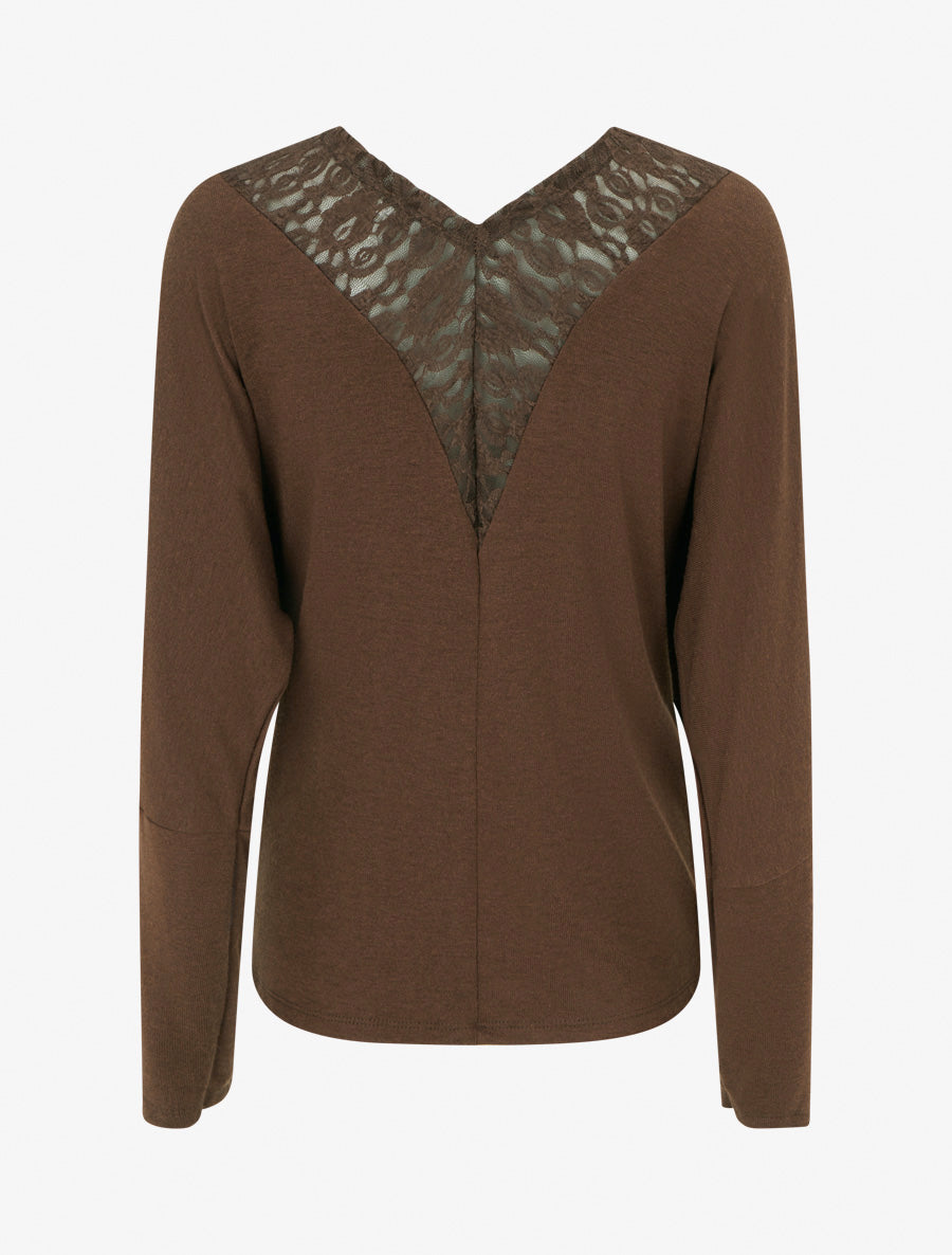 Pull à col bénitier et dos en V à dentelle - Marron - 2