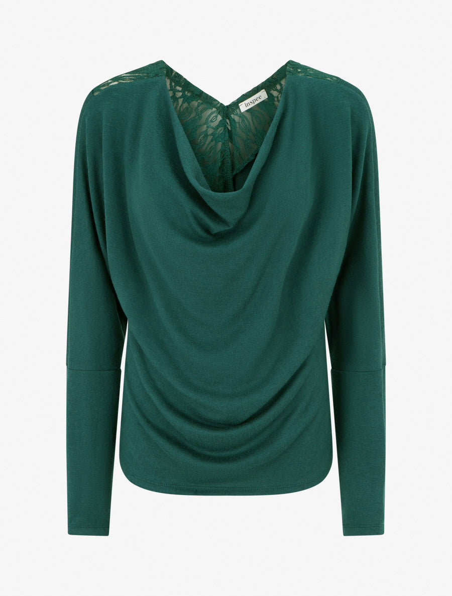 Pull à col bénitier et dos en V à dentelle - Vert foncé - 1