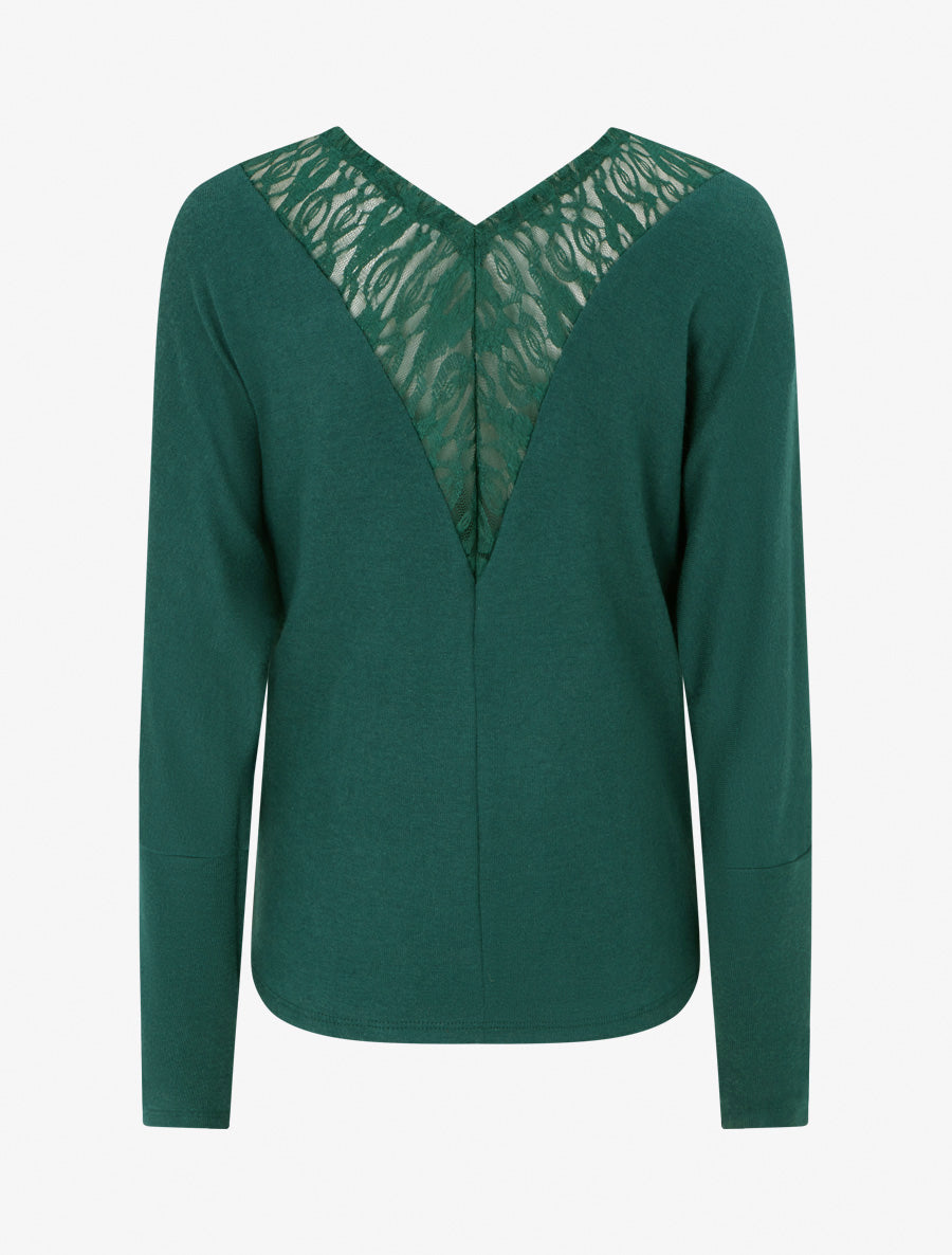 Pull à col bénitier et dos en V à dentelle - Vert foncé - 2