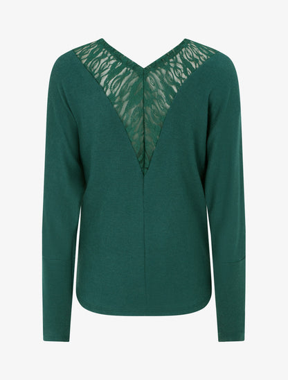 Pull à col bénitier et dos en V à dentelle - Vert foncé - 2