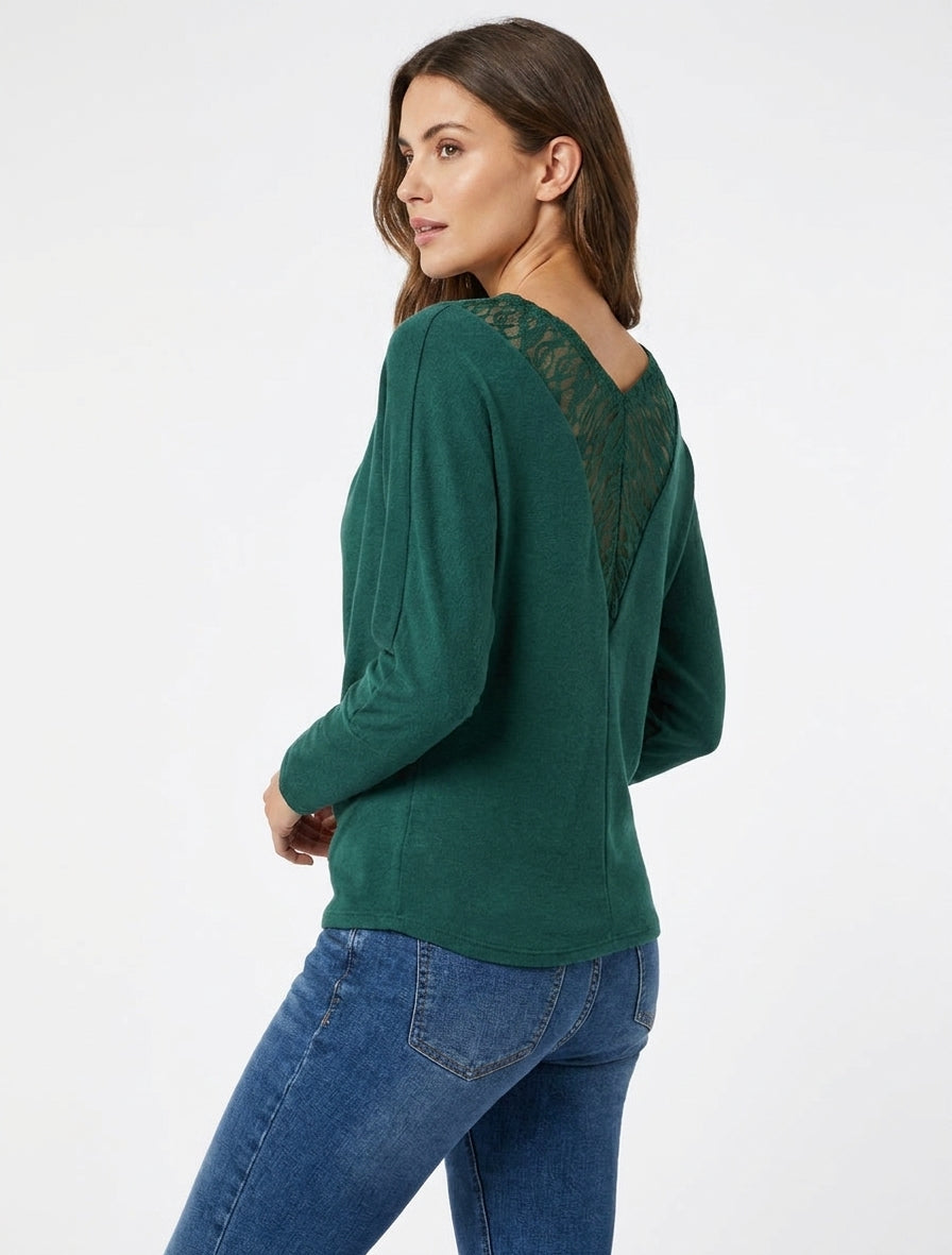 Pull à col bénitier et dos en V à dentelle - Vert foncé
