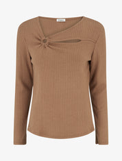 Pull côtelé à col asymétrique ajouré - Camel - 1