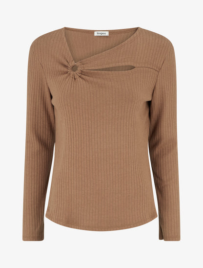 Pull côtelé à col asymétrique ajouré - Camel - 1