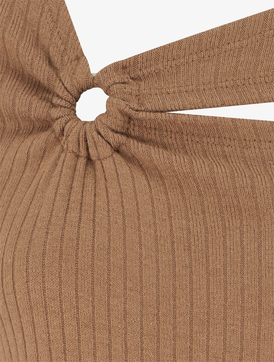 Pull côtelé à col asymétrique ajouré - Camel - 3