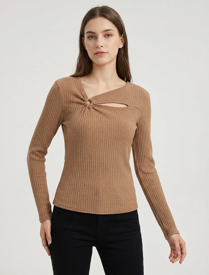 Pull côtelé à col asymétrique ajouré - Camel