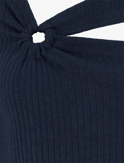 Pull côtelé à col asymétrique ajouré - Marine - 3