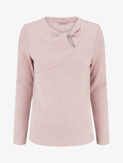 Pull côtelé à col rond torsadé - Rose - 1