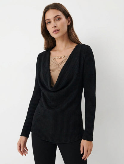 Pull côtelé à col bénitier et bijou - Noir