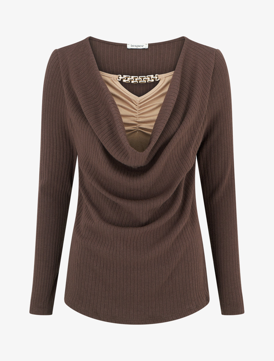 Pull côtelé à col bénitier et bijou - Marron - 1