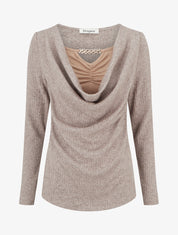 Pull côtelé à col bénitier et bijou - Taupe - 1