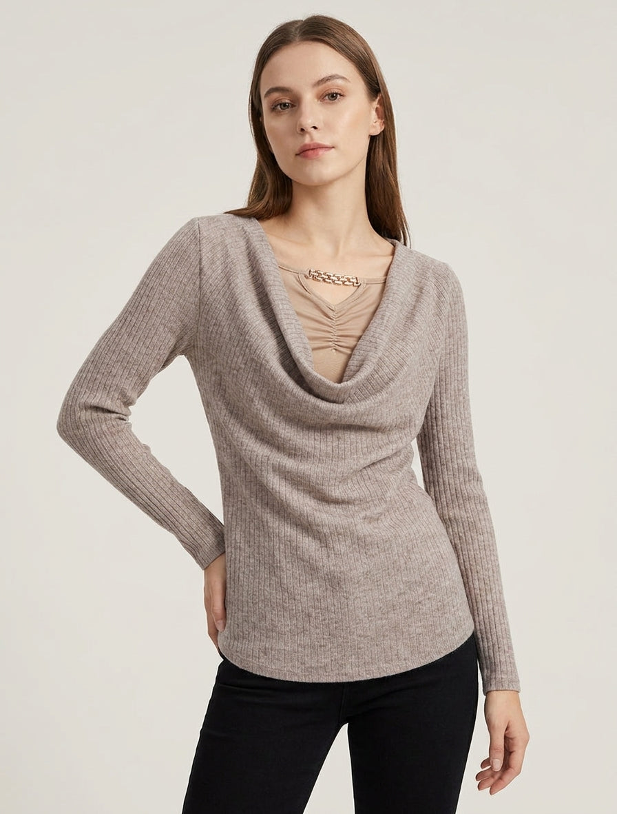 Pull côtelé à col bénitier et bijou - Taupe