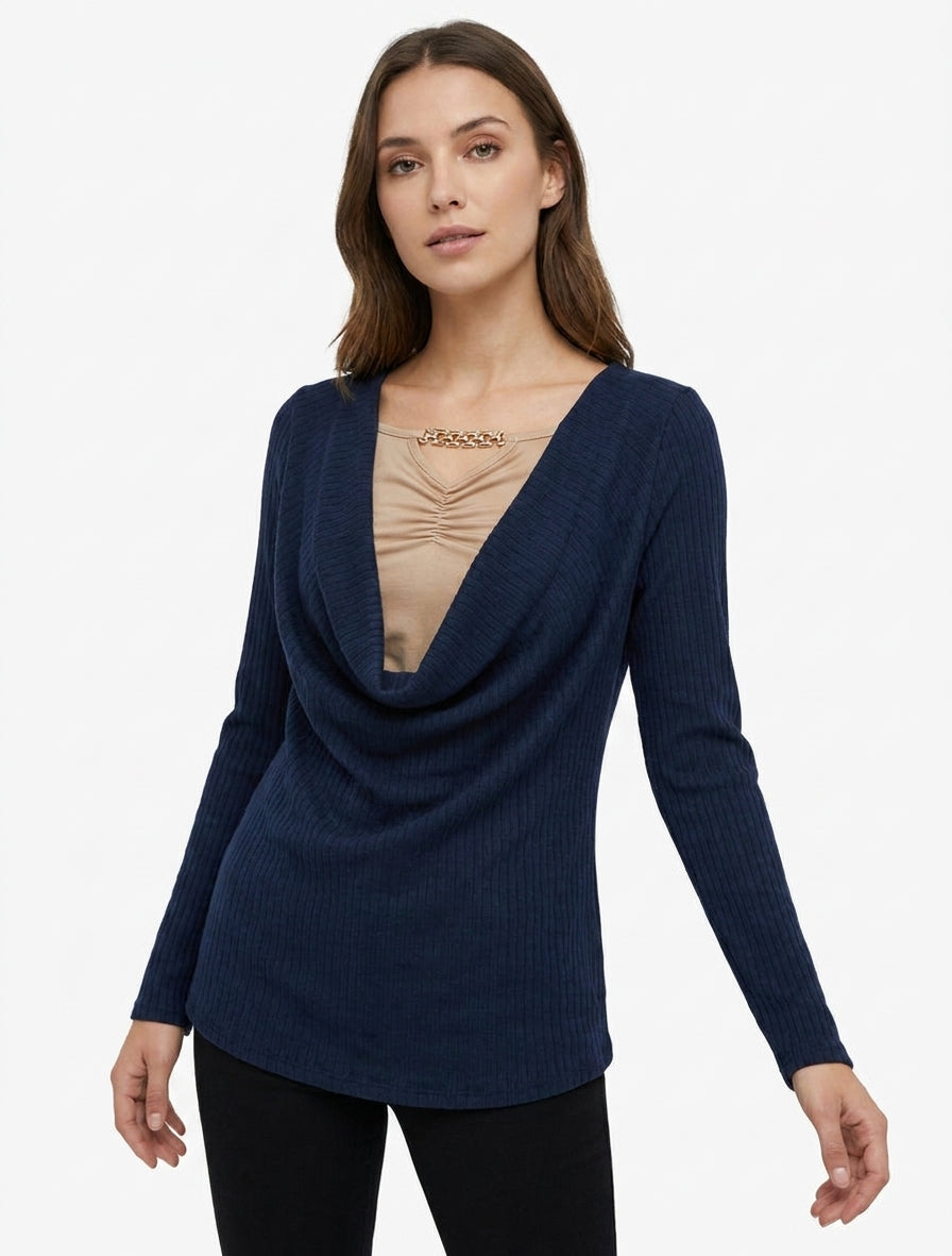 Pull côtelé à col bénitier et bijou - Marine