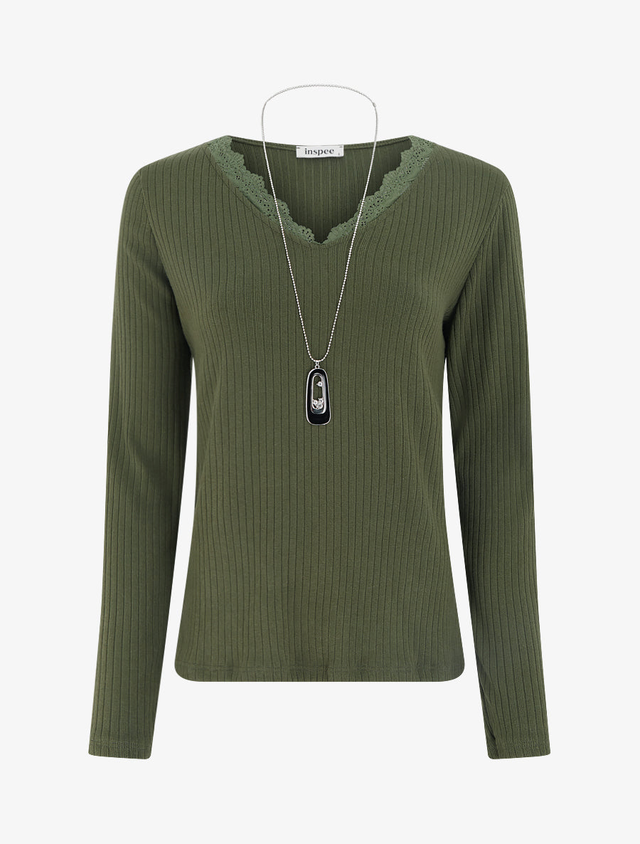 Pull côtelé à col V à dentelle - Kaki - 1