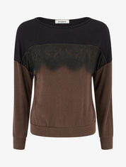 Pull bicolore à empiècment dentelle - Marron - 1