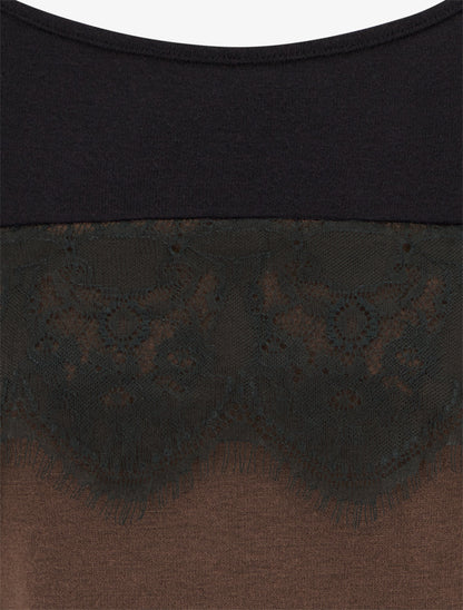 Pull bicolore à empiècment dentelle - Marron - 3