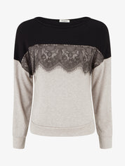 Pull bicolore à empiècment dentelle - Beige - 1