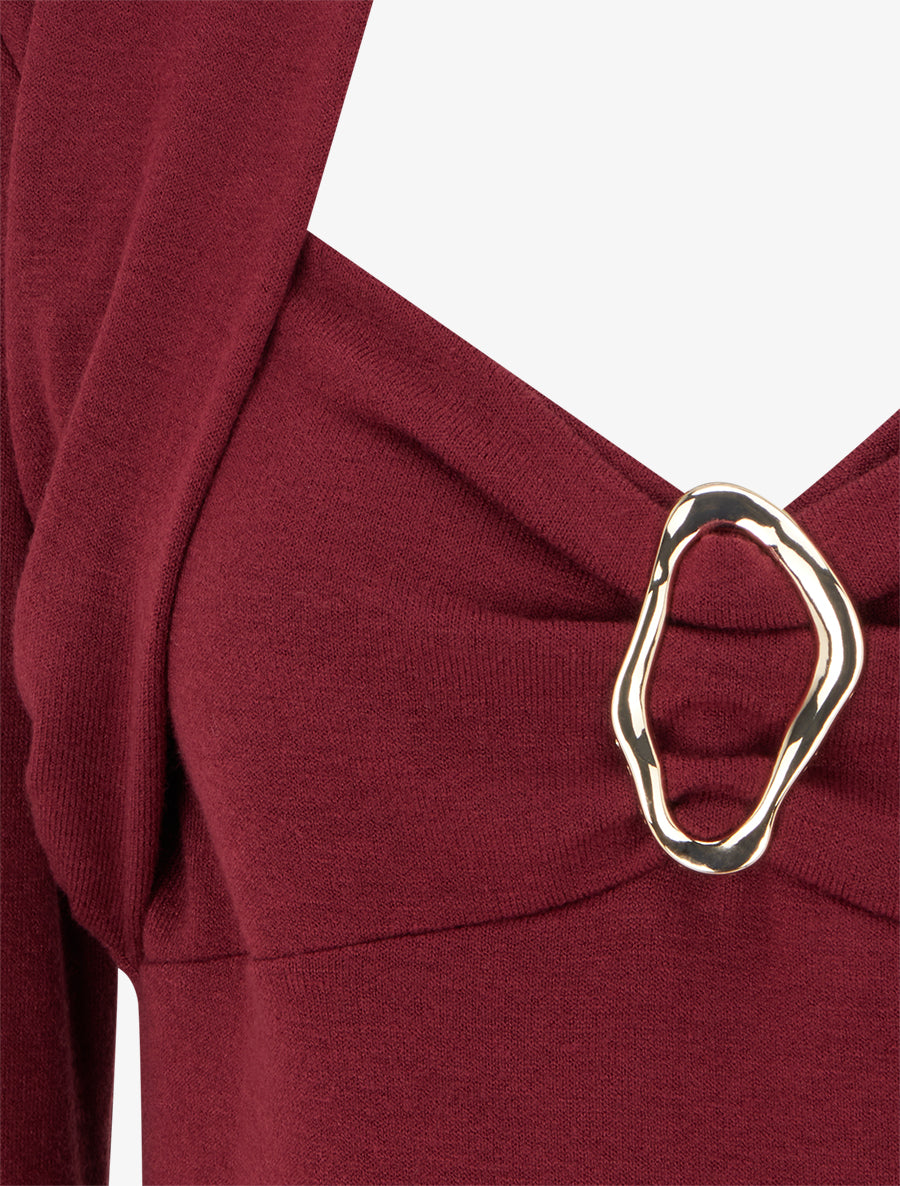 Pull à col carré effet drapé à bijou - Bordeaux - 3