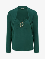 Pull à col carré effet drapé à bijou - Vert foncé - 1