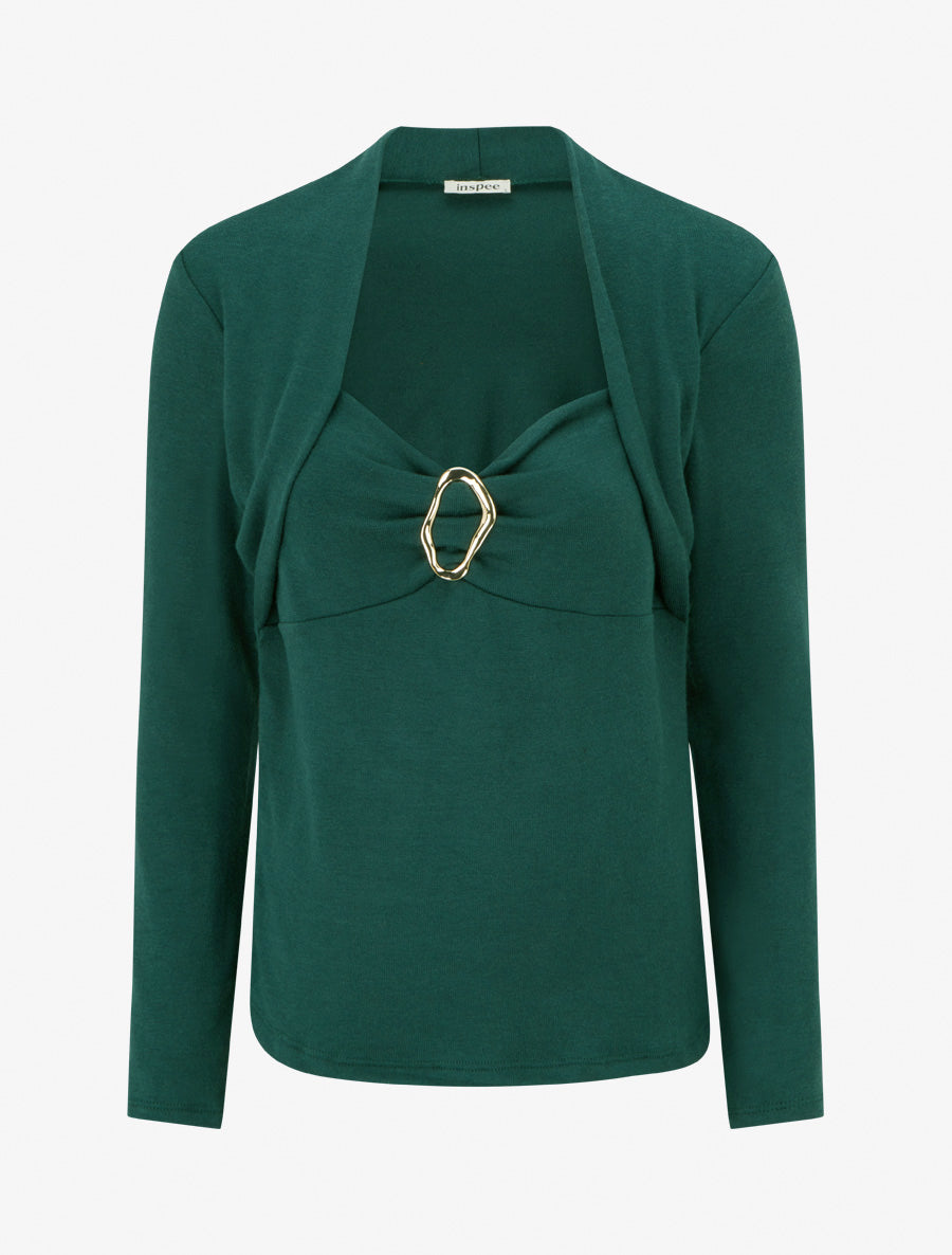 Pull à col carré effet drapé à bijou - Vert foncé - 1