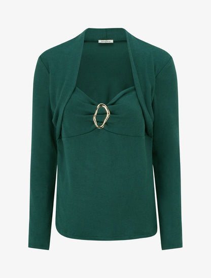 Pull à col carré effet drapé à bijou - Vert foncé - 1