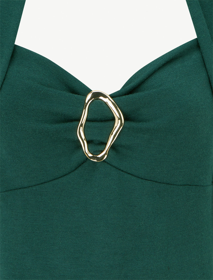 Pull à col carré effet drapé à bijou - Vert foncé - 3