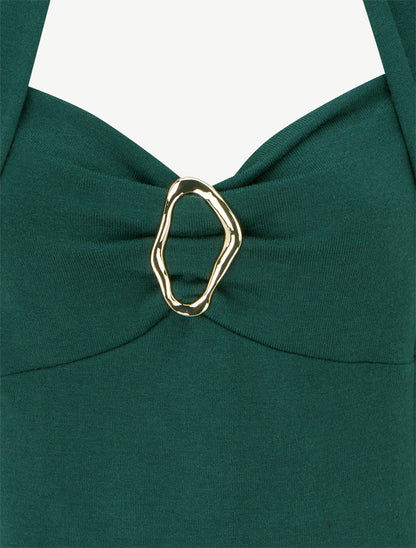 Pull à col carré effet drapé à bijou - Vert foncé - 3