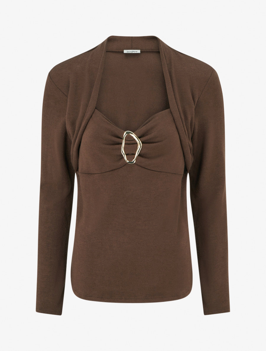 Pull à col carré effet drapé à bijou - Marron - 1