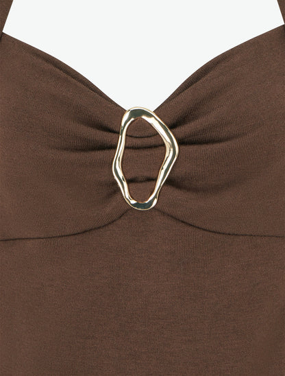 Pull à col carré effet drapé à bijou - Marron - 3