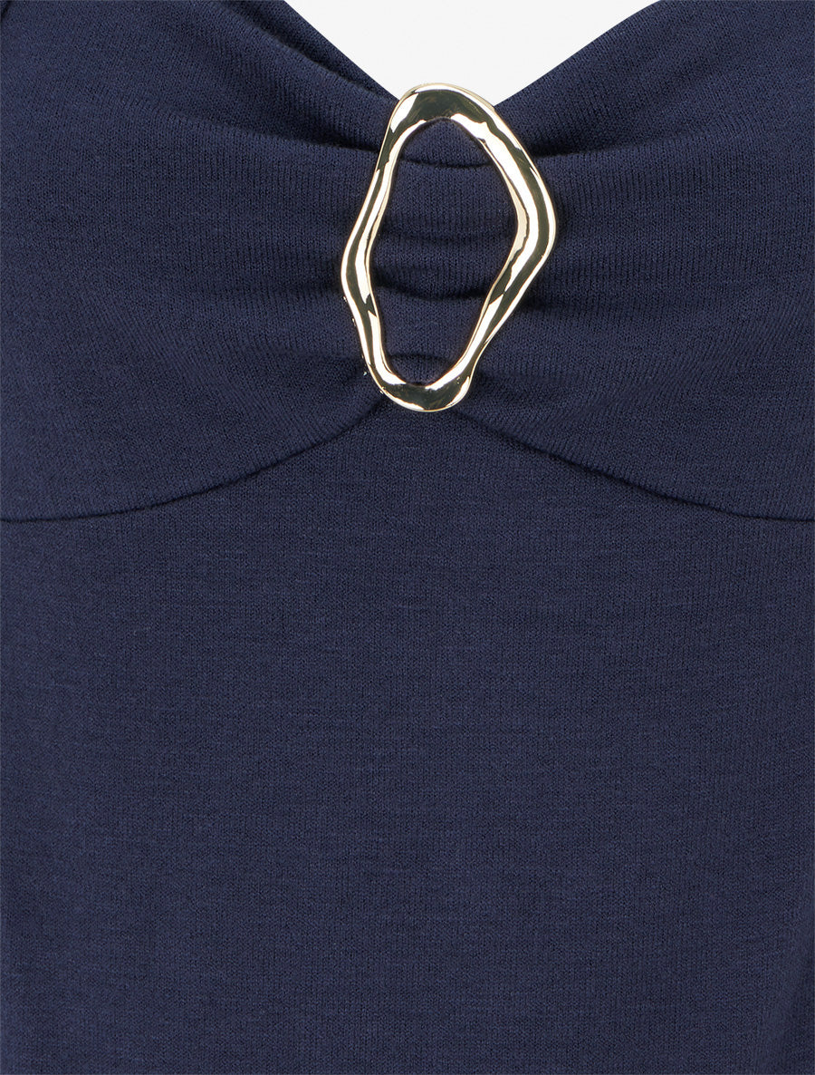 Pull à col carré effet drapé à bijou - Marine - 3