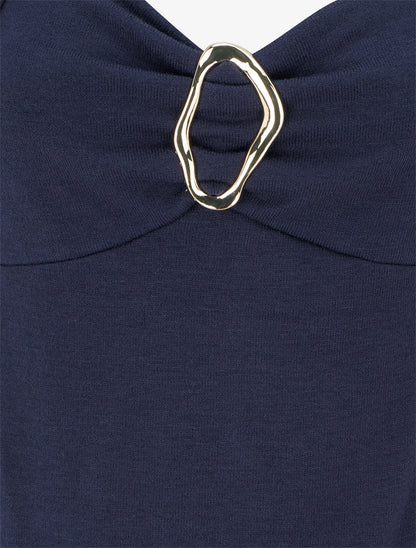 Pull à col carré effet drapé à bijou - Marine - 3