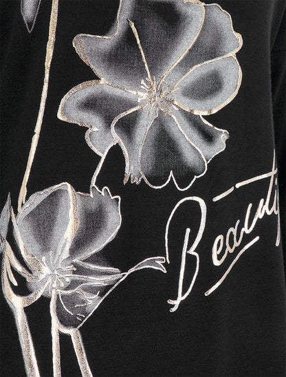 Pull fin à motif fleurs et message - Noir - 3