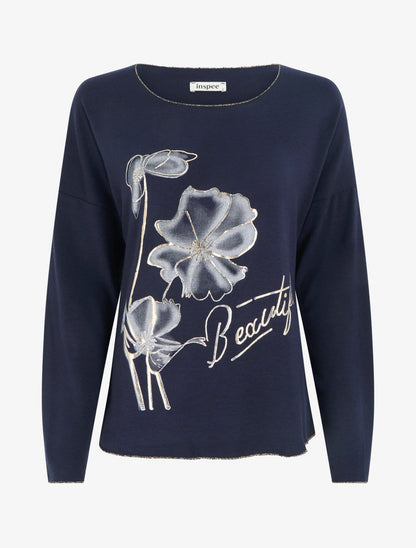 Pull fin à motif fleurs et message - Marine - 1