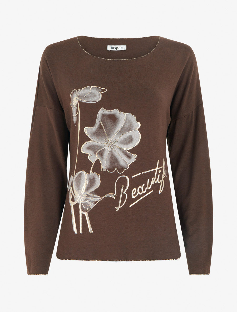 Pull fin à motif fleurs et message - Marron - 1