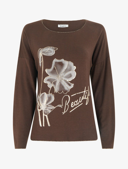 Pull fin à motif fleurs et message - Marron - 1